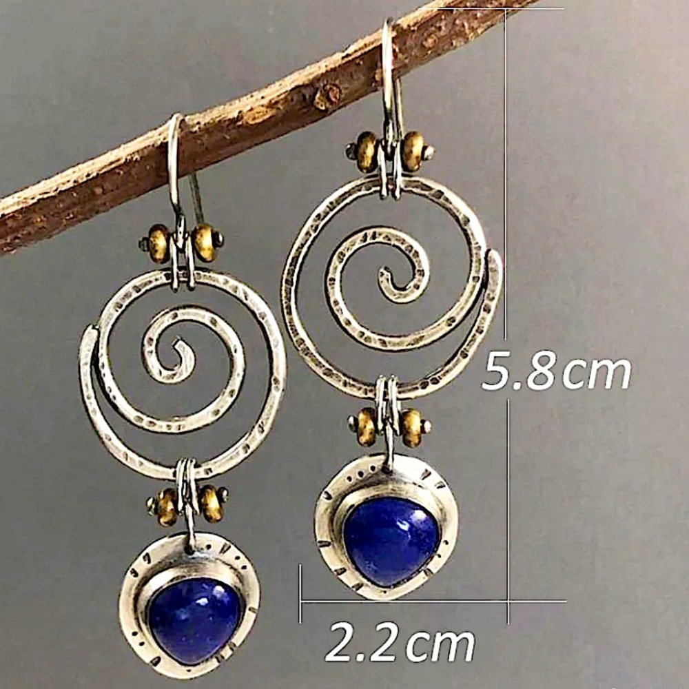 Boho Silver Blue Lapis Spiral Drop Earrings Vintage Style - Picture 4 of 4